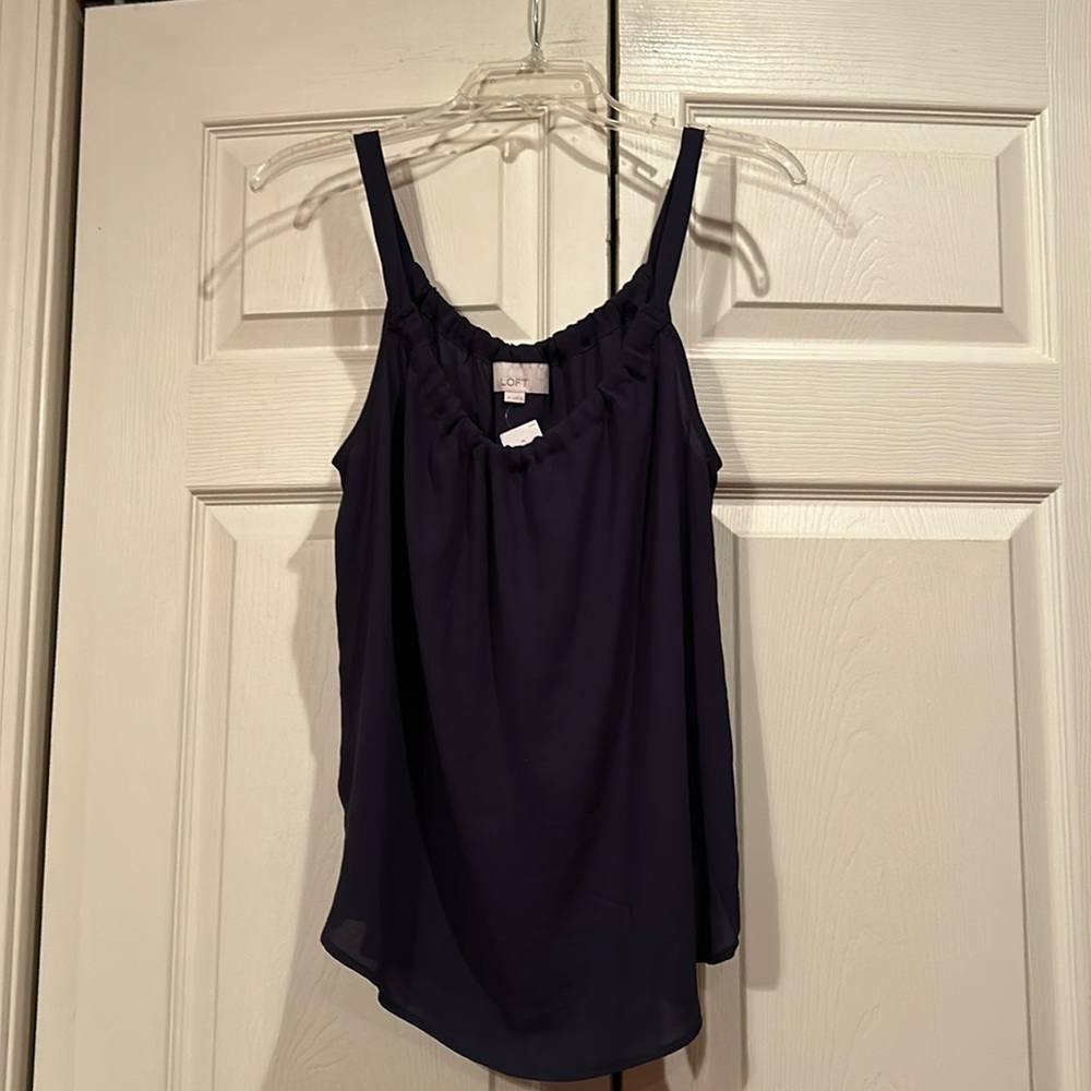 Loft - Medium - Navy Gathered Neckline - Tank Top with Rounded Hem
